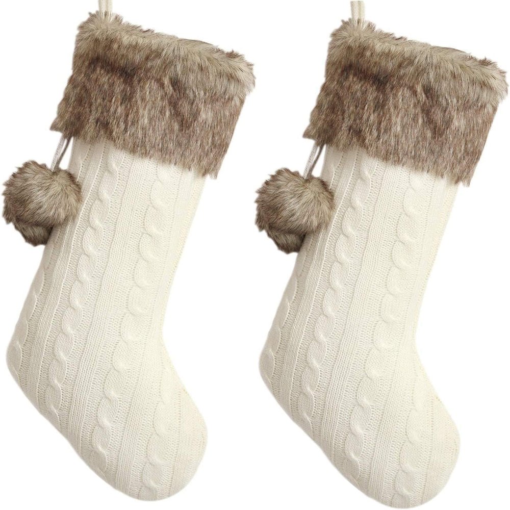 Gireshome White Velvet Christmas Stocking with Faux Fur Cuff, 10 x 18 in