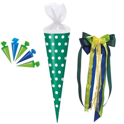School Cone Set + 5 Mini Cones, Turquoise/Petrol/Green with White Dots, 50 cm