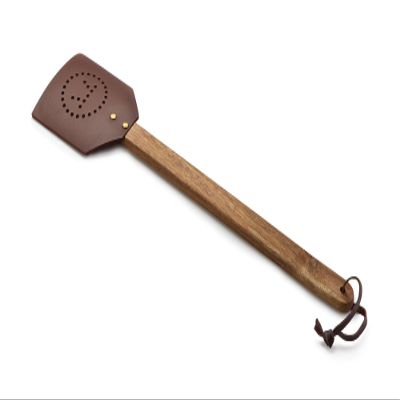 OUTSET 17.5" Brown Acacia Wood and Leather Fly Swatter