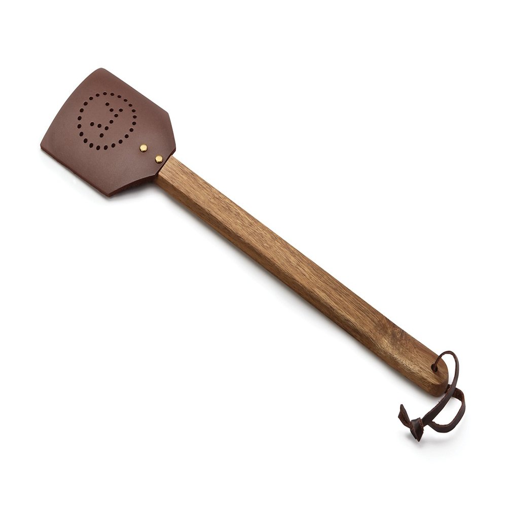 OUTSET 17.5" Brown Acacia Wood and Leather Fly Swatter
