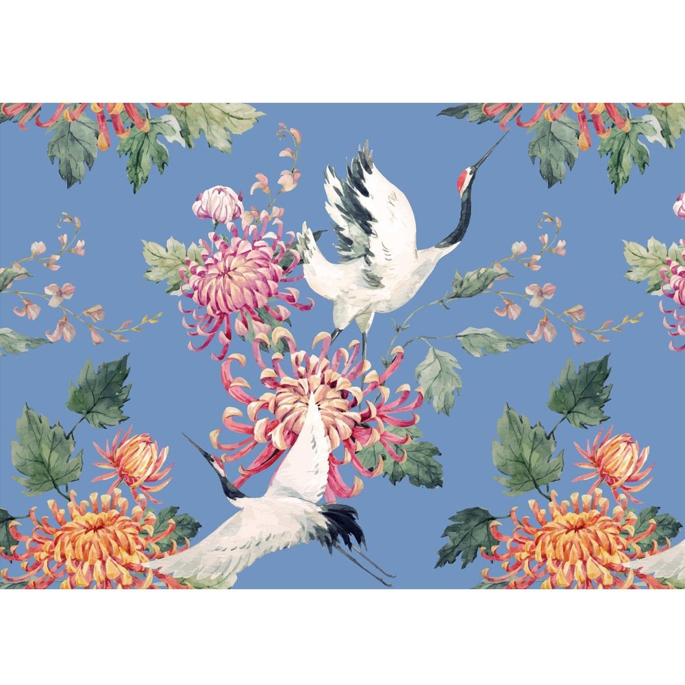 Runa Art Photo Wallpaper Flowers and Storks Modern Nonwoven Living Room Bedroom - Made in Germany - 308 x 220 cm Blue 9362010b