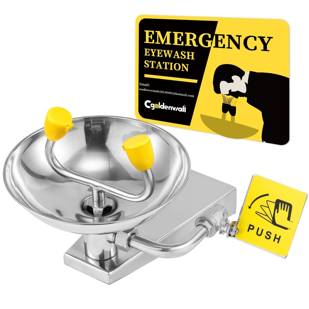 CGOLDENWALL Wall-Mounted 304 Stainless Steel Eyewash Station, Dual Spray Nozzles, Hand Push Plate, 12 L/min