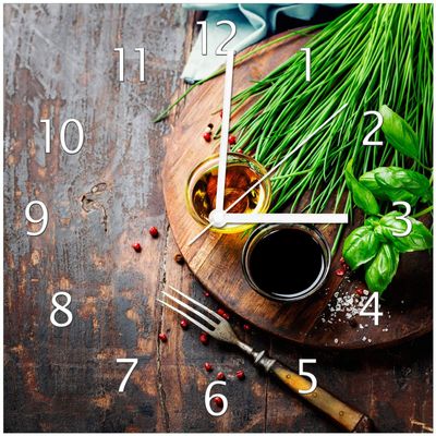 Wallario Design Wall Clock, Herbs, Oil and Spices on a Wooden Board, 30 x 30 cm, White Hands