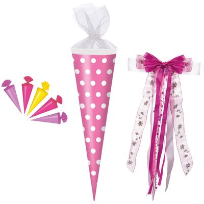 School Cone Set, Pink with White Dots, 50 cm, with 5 Mini Cones