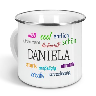 printplanet Personalized Enamel Mug with Name Daniela, Positive Eigenschaften Design, Nostalgic Camping Mug, Silver, 300 ml