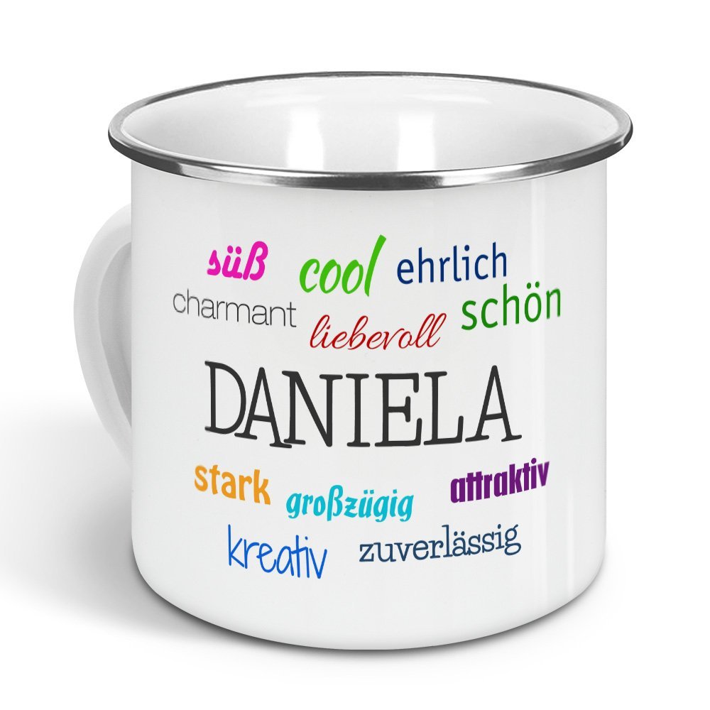 printplanet Personalized Enamel Mug with Name Daniela, Positive Eigenschaften Design, Nostalgic Camping Mug, Silver, 300 ml