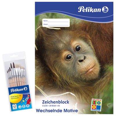 Pelikan A3 Drawing Pad with Animal Motifs (Assorted—No Motif Choice), 100 g/m, 20 Sheets—Combo Set (2 x A3 Drawing Pads + 1 x 10-Piece Brush Set)