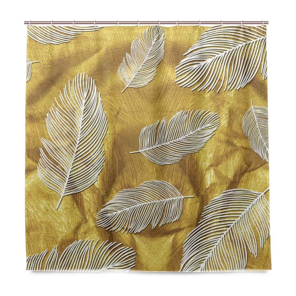 Mnsruu Golden Feather Shower Curtain with Hooks, 72 x 72 Inches