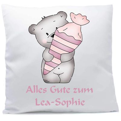 SL-Store personalized pillow with name and custom text, pink bear school cone, 40 x 40 cm with filling