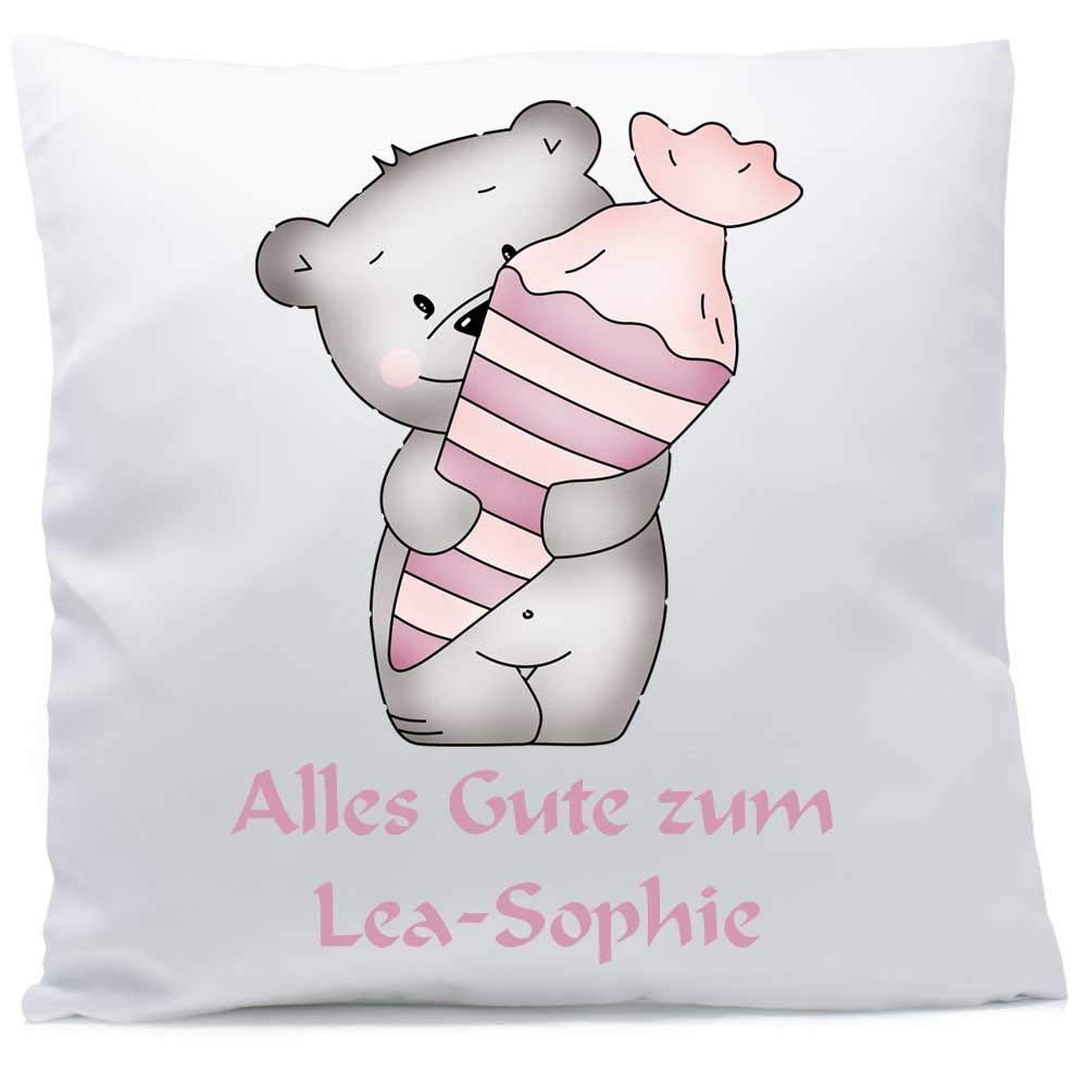 SL-Store personalized pillow with name and custom text, pink bear school cone, 40 x 40 cm with filling