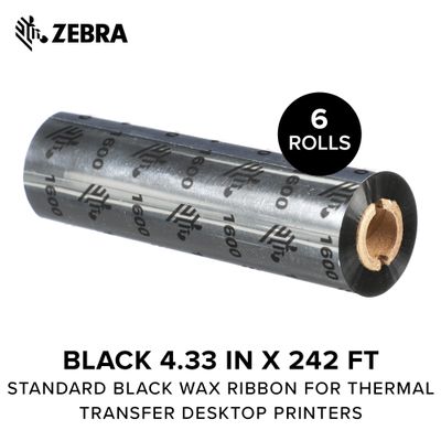 Zebra Standard Wax Ribbon, 110 mm x 74 m, 1.3 cm Core, 6 Rolls