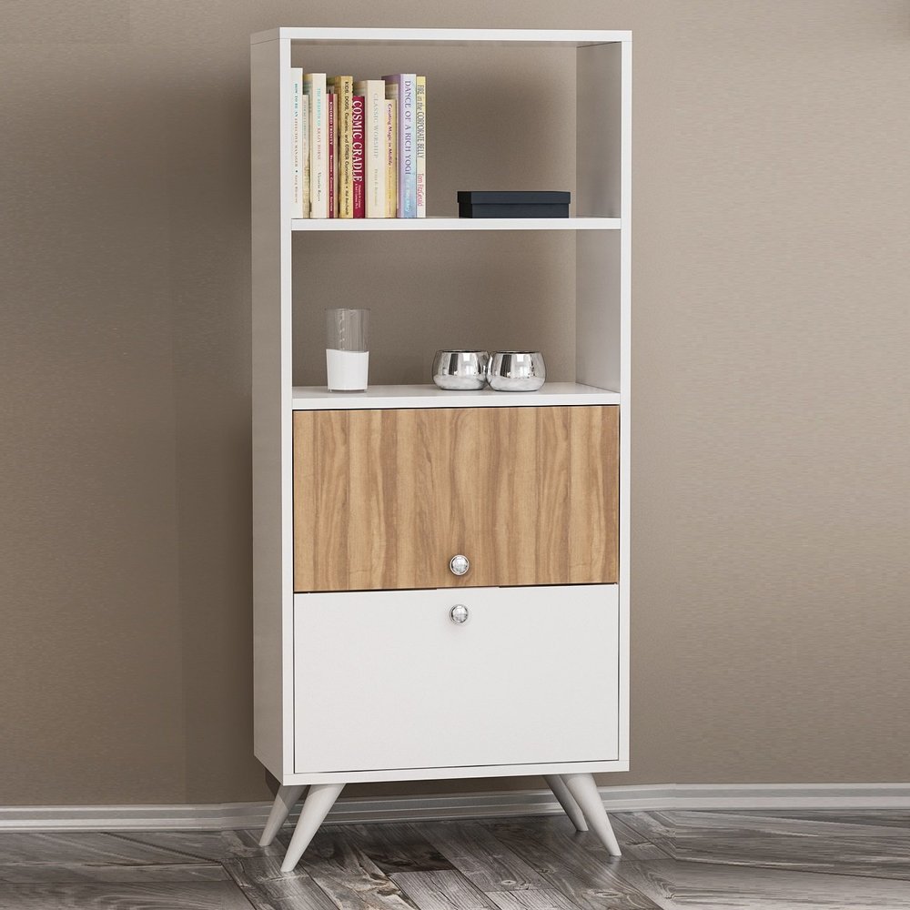 Homidea KATTUS Bookshelf - Freestanding Bookcase for Living Room or Office, Modern Design (White - Walnut)