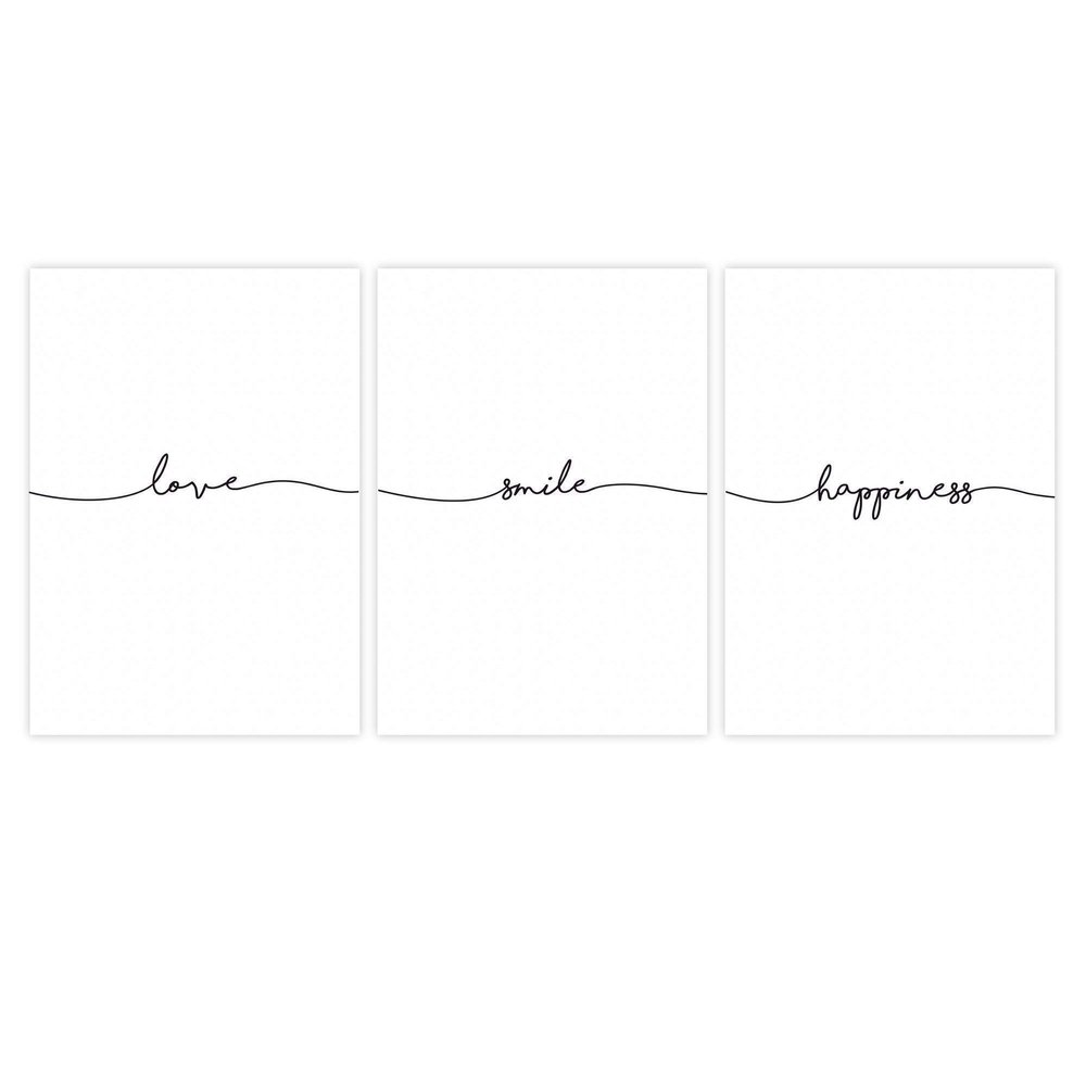 Wunderpixel Set of 3: Love, Smile, Happiness Fine Art Prints on Hahnemühle Paper, A4, Unframed, Black and White