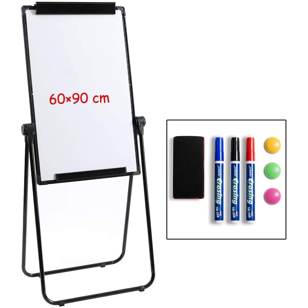 DOEWORKS Flipchart Stand Whiteboard 90 x 60 cm, Double-Sided Magnetic, Height-Adjustable and Foldable, Black