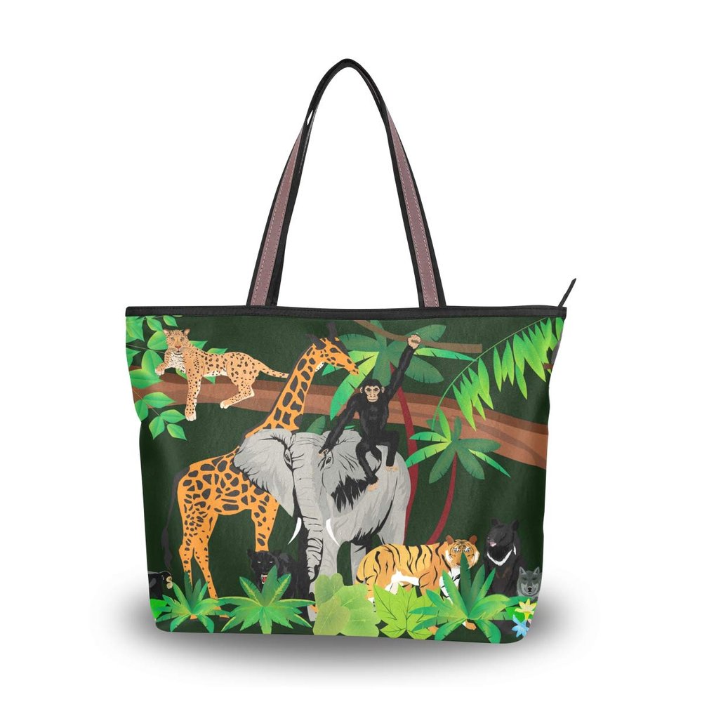 Large Jungle Animals Shoulder Tote Bag with Zipper, Elephant and Giraffe, Multicolor