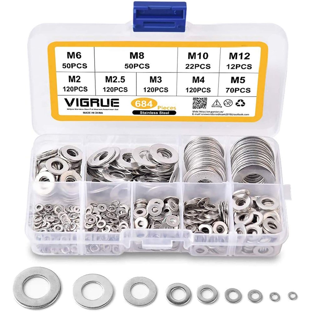 VIGRUE 684-Piece Flat and Lock Washer Set, A2-70 Stainless Steel, 9 Sizes (M2–M12)