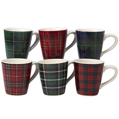 Certified International 22928 Christmas Plaid 16 oz Mug Set of 6, Assorted Designs, Ceramic, Multicolored
