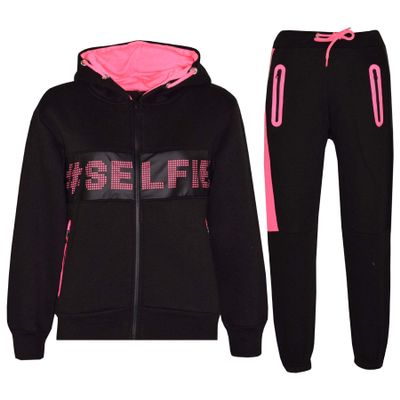 A2Z 4 Kids Boys' Girls' Designer Selfie Print Tracksuit - T.S Selfie 003 Black Neon Pink 13