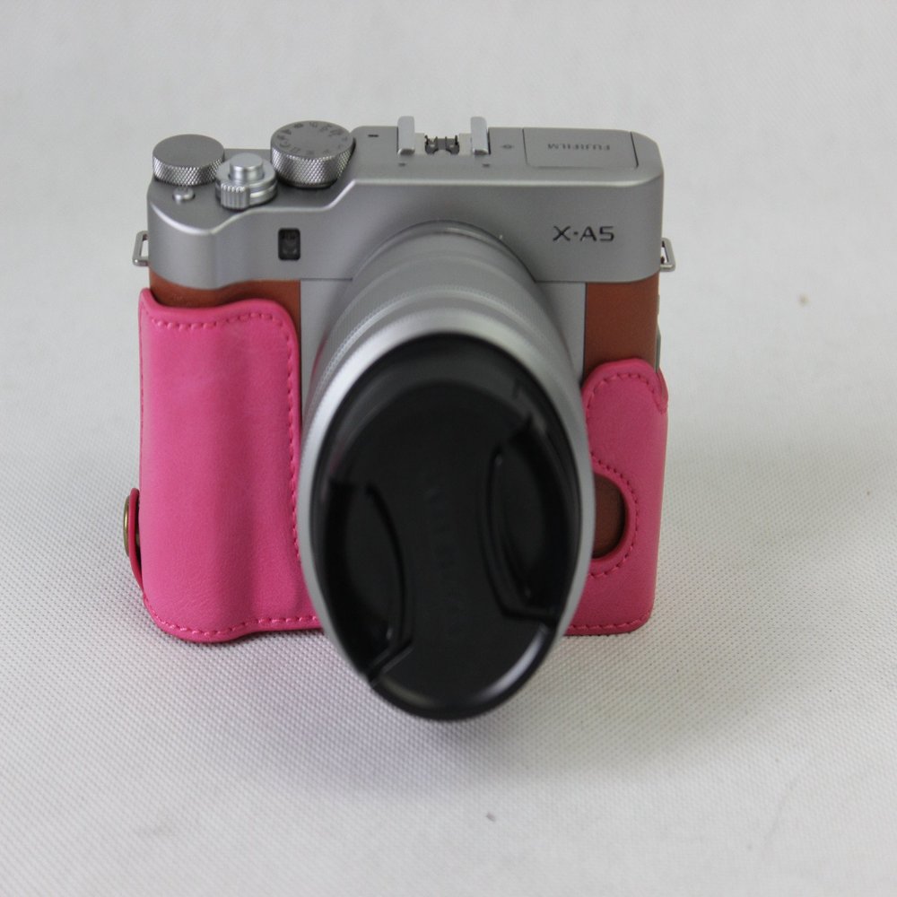 ZAKAO PU Leather Half-Bottom-Opening Camera Case with Wrist Strap for Fujifilm X-A5, Rose Red