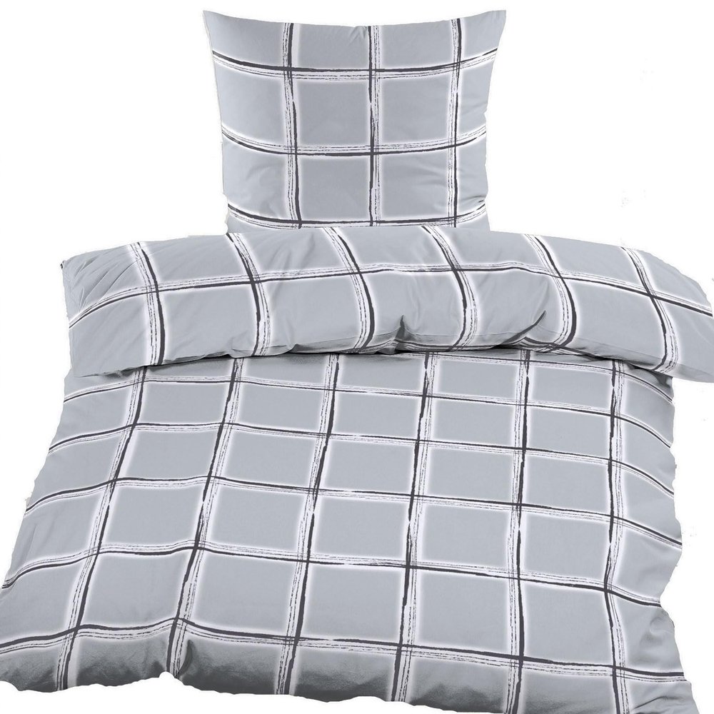 KH-Haushaltshandel Winter Flannel Bedding Set 135 x 200 + 80 x 80 cm, 100% Cotton, Light Gray Plaid (40140)