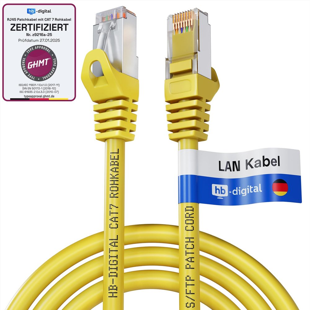 HB-DIGITAL 5 m Cat 7 LAN Cable, RJ45 S/FTP, up to 10 Gbps, 600 MHz, Pure Copper, Yellow