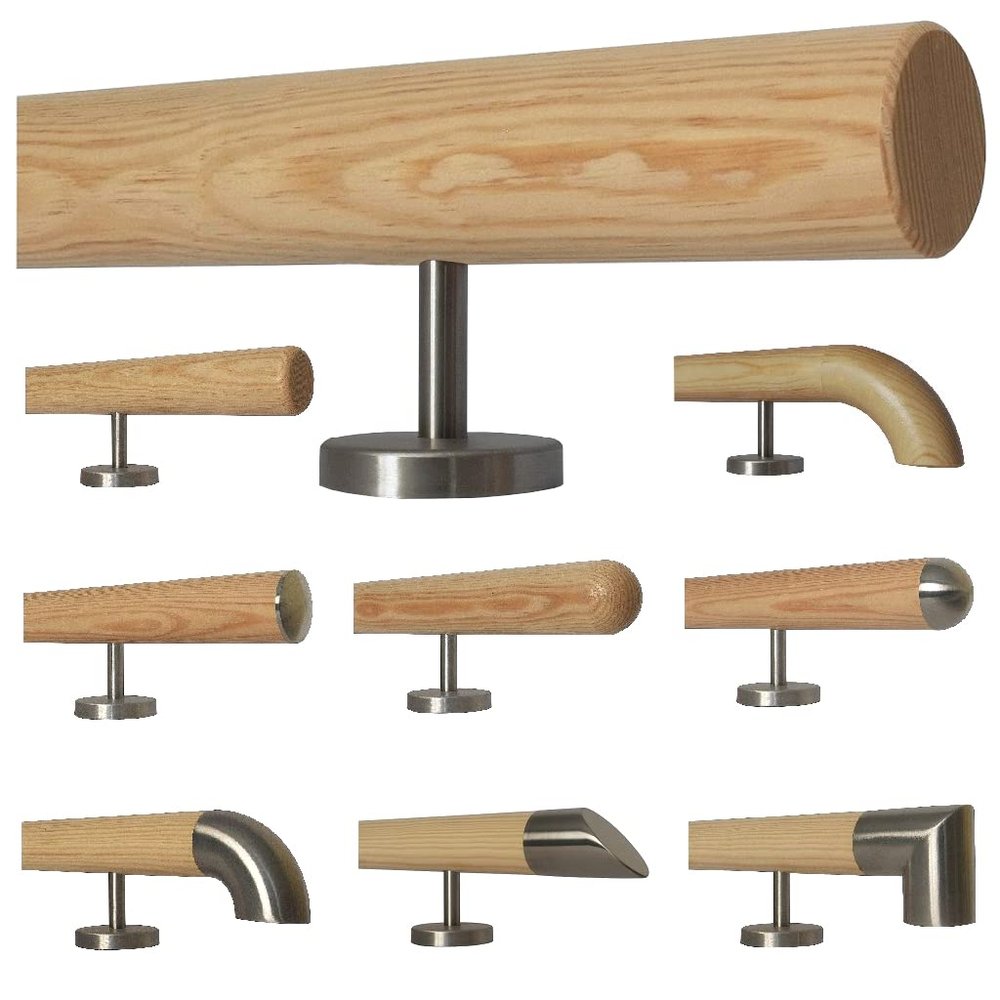 TIBU Pine Wood Handrail, 290 cm, Beveled Ends, 4 Straight Brackets