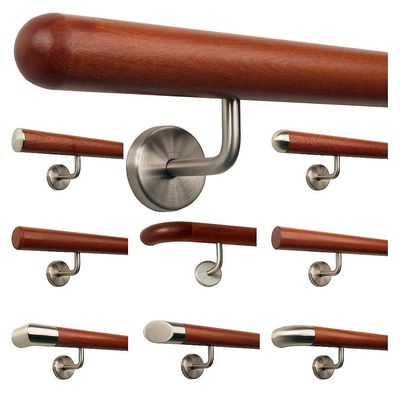 TIBU Mahogany Wood Stair Handrail with Angled Stainless Steel Brackets, 30–500 cm, One Piece