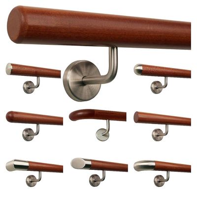 TIBU Mahogany Wood Stair Handrail, 450 cm, 6 Angled Stainless Steel Brackets