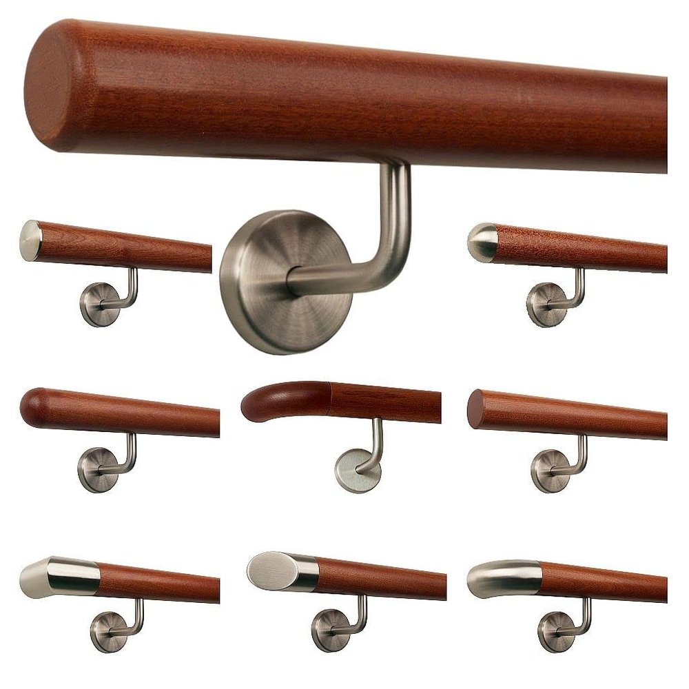 TIBU Mahogany Wood Stair Handrail, 450 cm, 6 Angled Stainless Steel Brackets