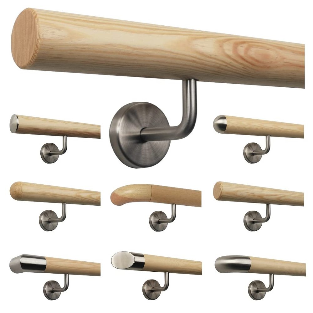 TIBU Pine Stair Handrail, 350 cm, 5 Stainless Steel Brackets, Beveled Ends