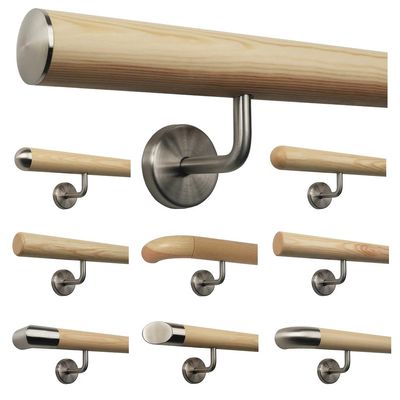 TIBU Pine Stair Handrail, 30–500 cm, with Stainless Steel Brackets