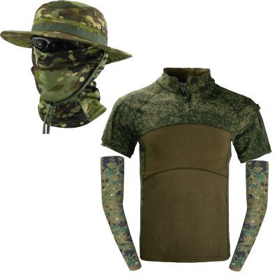 ZFFOZZ Tactical Summer Gear Set, Short-Sleeve BDU, Camouflage Boonie Hat, Bird's-Eye Balaclava and Ice Sleeves, Color 3, M