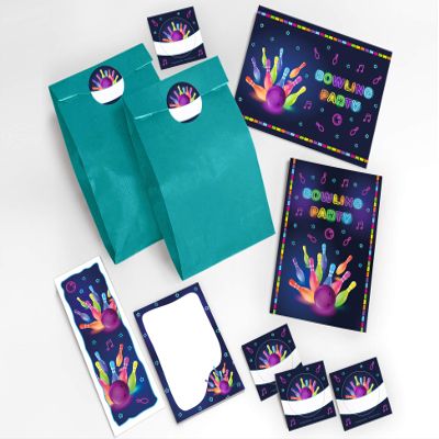 JuNa-Experten 8 Bowling Birthday Invitations with Envelopes, Party Bags, Stickers, Bookmarks & Notepads
