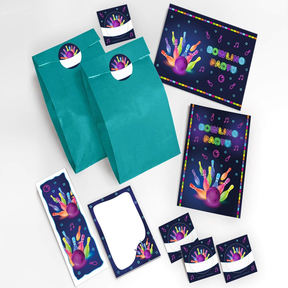 JuNa-Experten 8 Bowling Birthday Invitations with Envelopes, Party Bags, Stickers, Bookmarks & Notepads