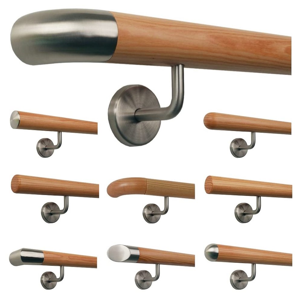 Larch Wood Stair Handrail, 240 cm, 4 Angled Stainless Steel Brackets, Stainless Steel Bow Ends