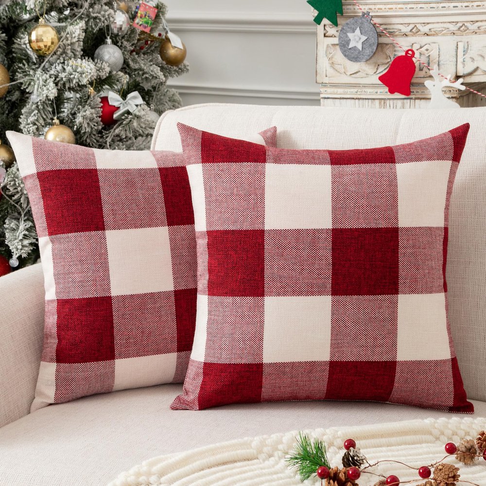 UGASA Plaid Cotton-Linen Euro Pillow Covers, Red and White, 66 x 66 cm, 2-Pack