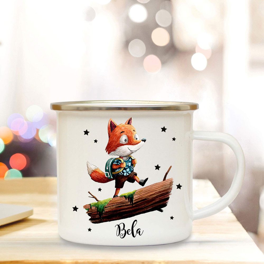 Enamel-Style Camping Mug with Fox and Custom Name