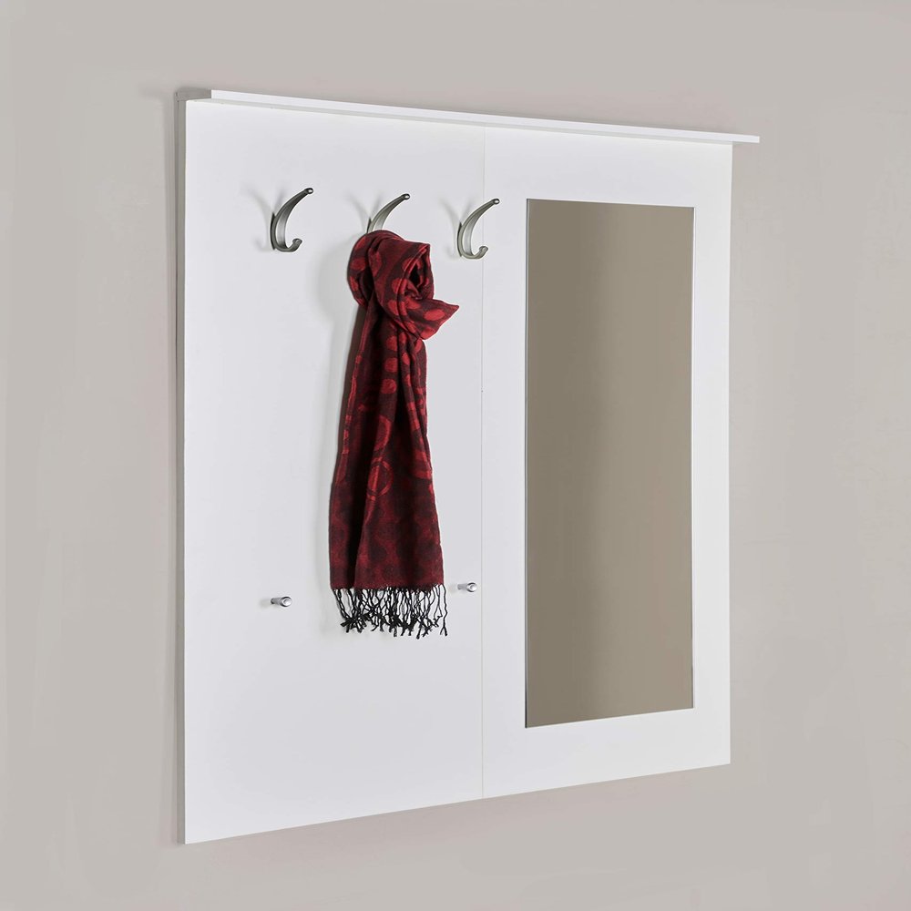 Wall-Mounted Coat Rack Panel with Mirror, Satin-Matte White 5077-20