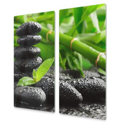 Tempered Glass Kitchen Board and Cooktop Cover SINGLE 60 x 52 cm and DOUBLE – Two Boards 30 x 52 cm D08 Nature Series: Bamboo with Stones