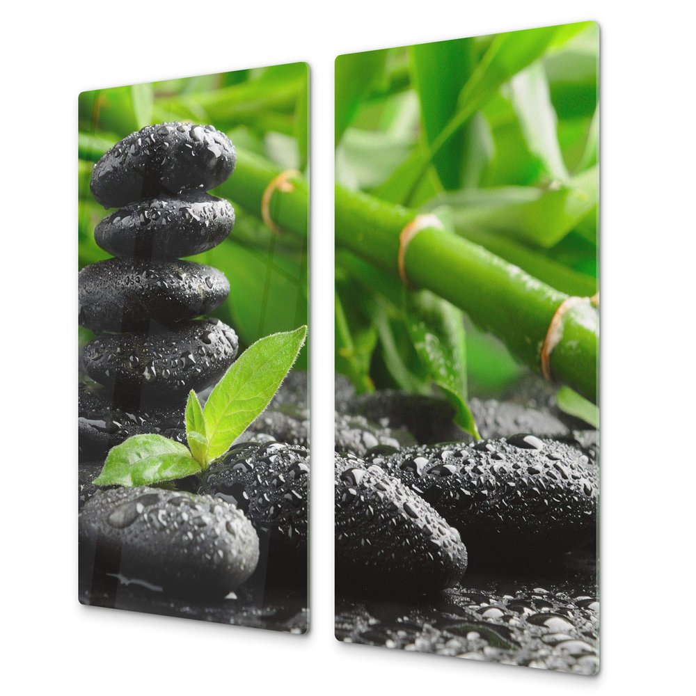Tempered Glass Kitchen Board and Cooktop Cover SINGLE 60 x 52 cm and DOUBLE – Two Boards 30 x 52 cm D08 Nature Series: Bamboo with Stones