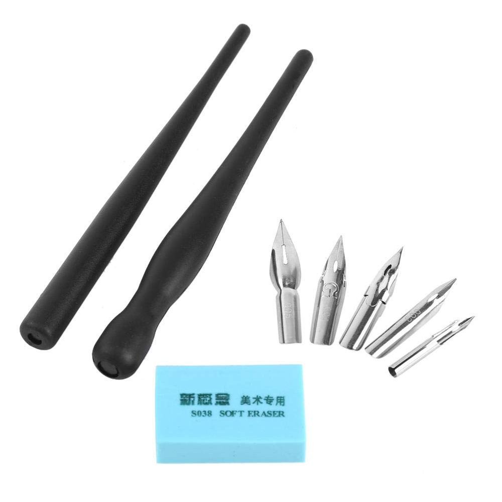 Fdit Cartoon Brush Calligraphy Pen Set, Anime Drawing Tool with 5 Interchangeable Nibs, 2 Pens and Eraser