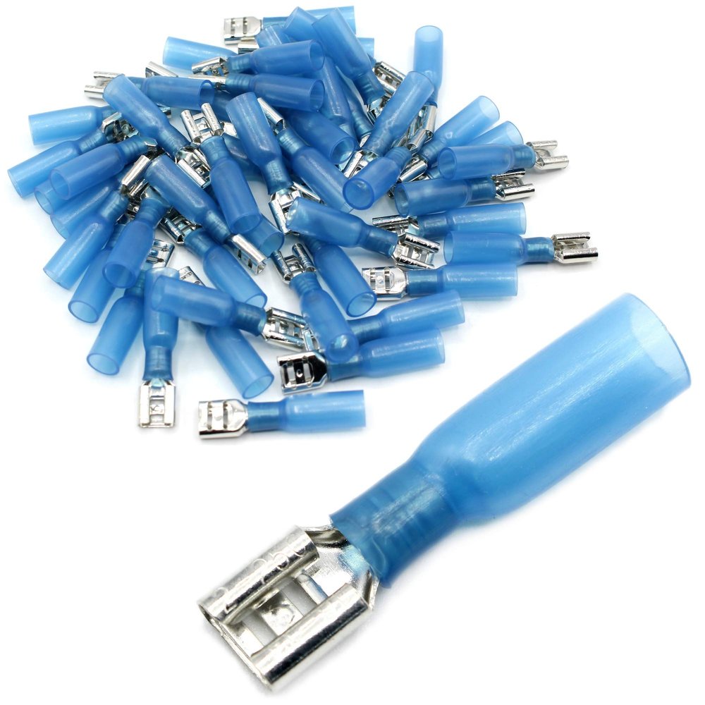 Blue Female Spade Connectors with Heat-Shrink Tubing, Partially Insulated, 6.3 mm, 1.5–2.5 mm, 100 Pieces