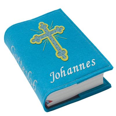 Gotteslob Large-Print Cover, Felt, Cross 4, Embroidered Name, Turquoise