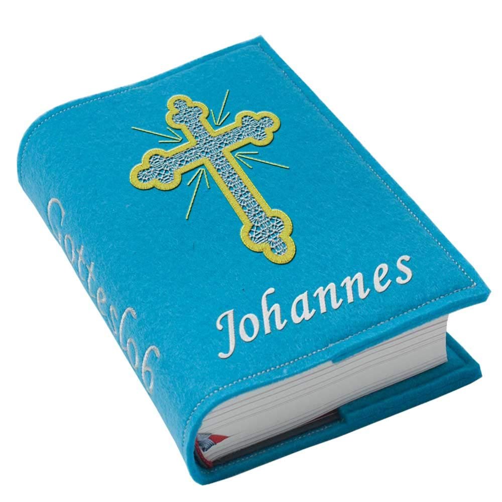 Gotteslob Large-Print Cover, Felt, Cross 4, Embroidered Name, Turquoise