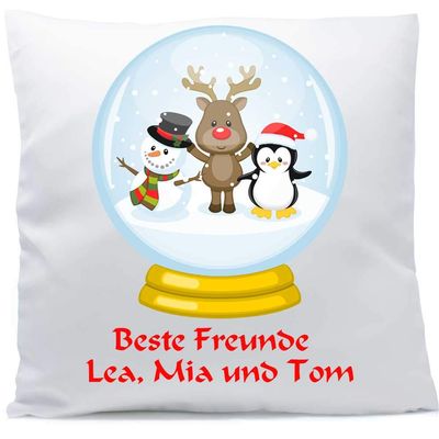 Personalized Christmas Cushion with Snow Globe, Reindeer, Snowman & Penguin, 40 x 40 cm, with Filling