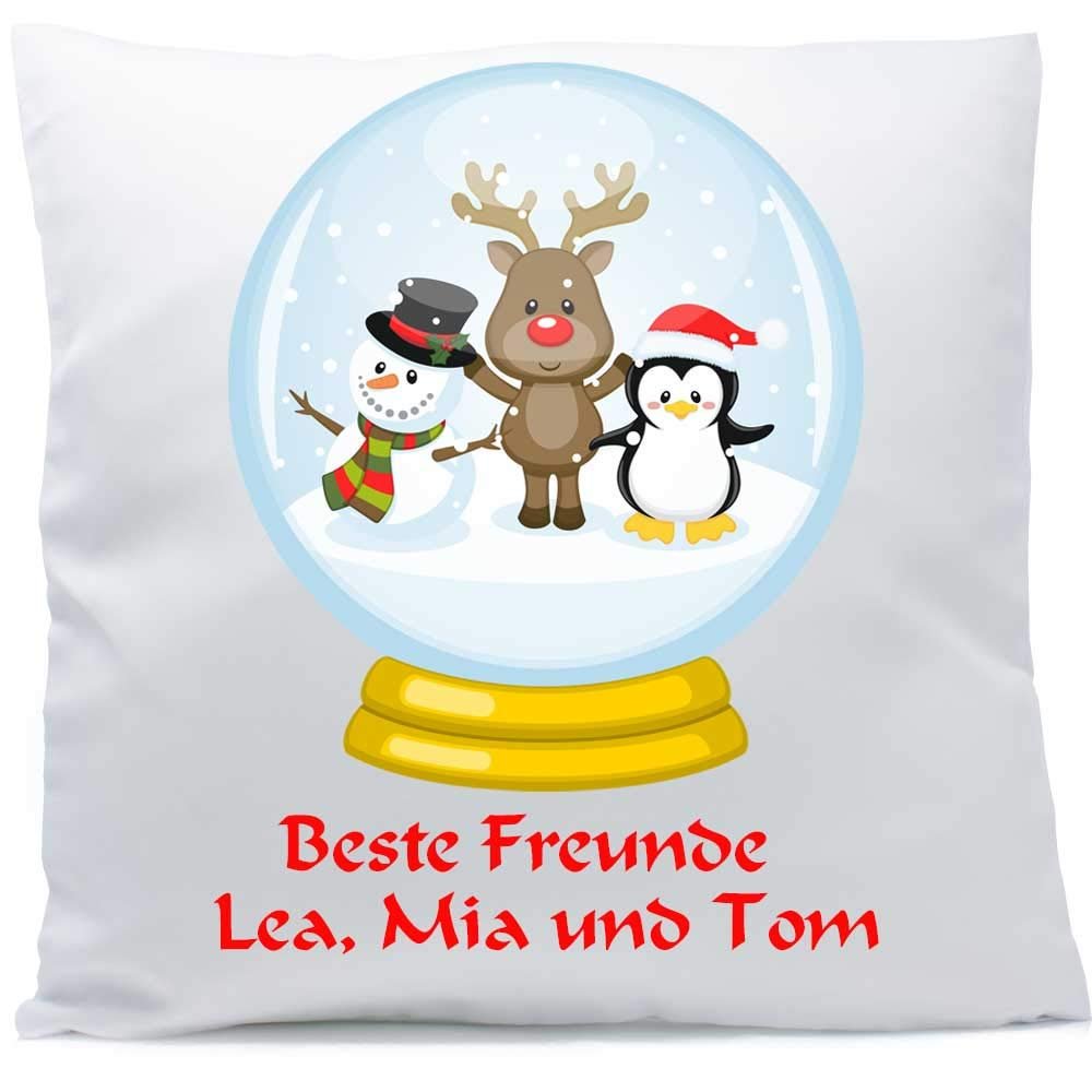 Personalized Christmas Cushion with Snow Globe, Reindeer, Snowman & Penguin, 40 x 40 cm, with Filling