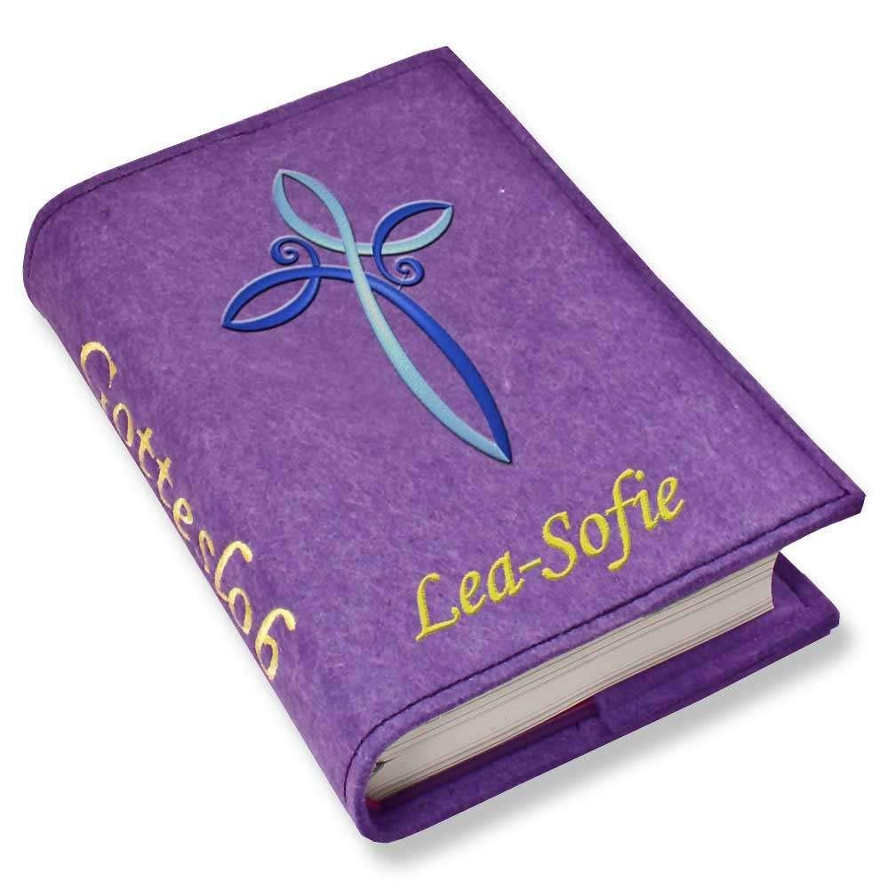 Gotteslob Cover with Cross, Purple Felt, Personalized Name Embroidery
