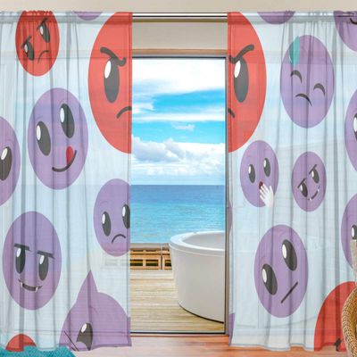 hengpai Social Media Emoticon Patterned Sheer Curtain Panels, 2-Piece, Long Window Treatments
