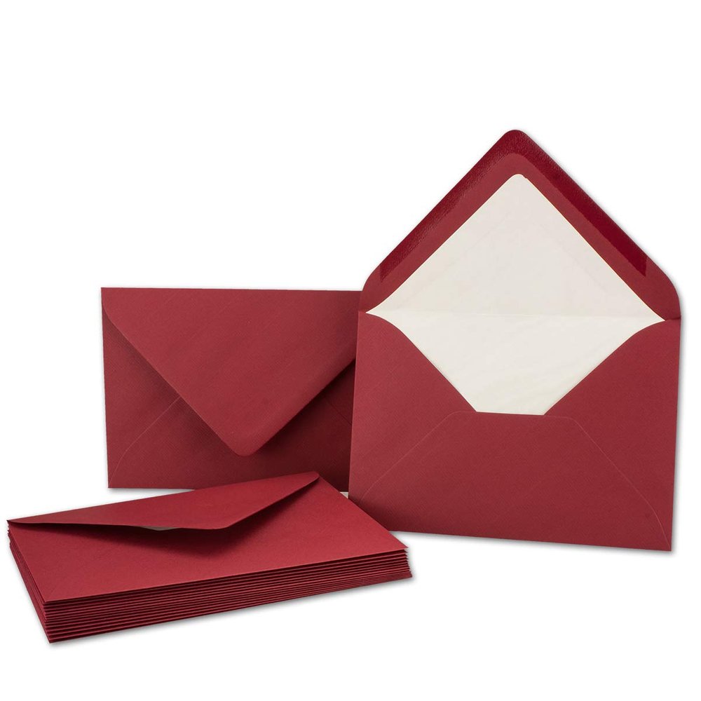 200 Dark Red Envelopes, DIN B6, 4.9 x 6.9 in, Ribbed Paper with White Silk Lining