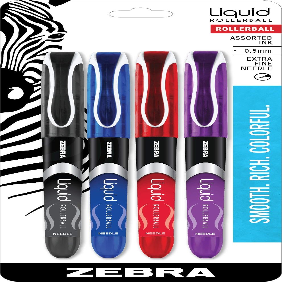 Zebra Liquid Rollerball Pens, Needle Point, 0.5 mm, Assorted Colors, 4 Count